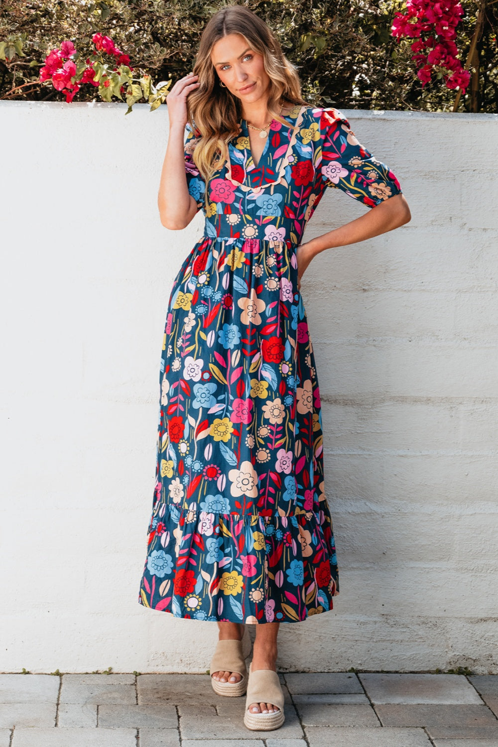 Cotton Floral Printed Notched Puff Sleeve Midi Dress