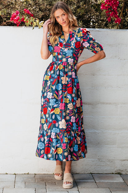 Cotton Floral Printed Notched Puff Sleeve Midi Dress
