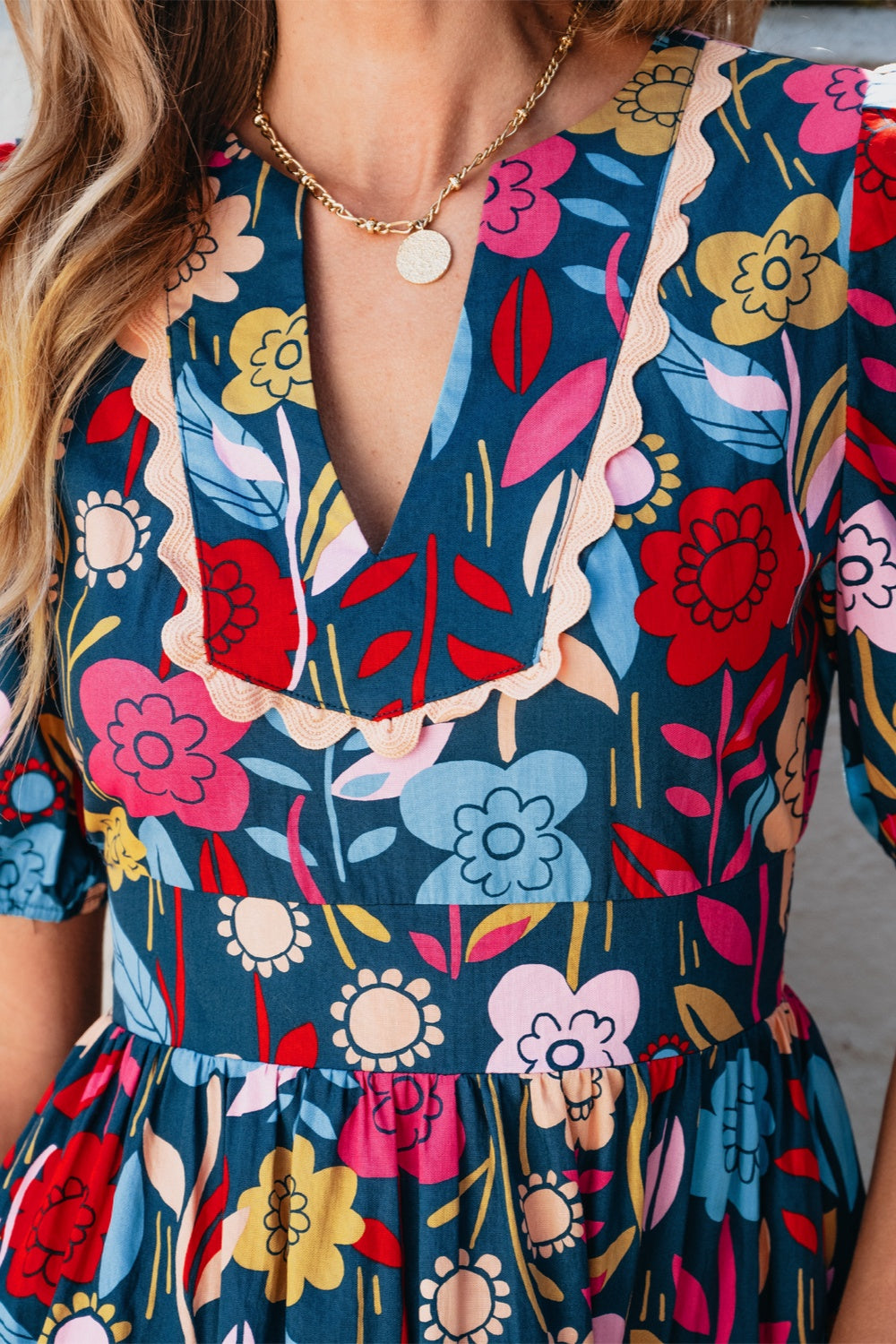 Cotton Floral Printed Notched Puff Sleeve Midi Dress