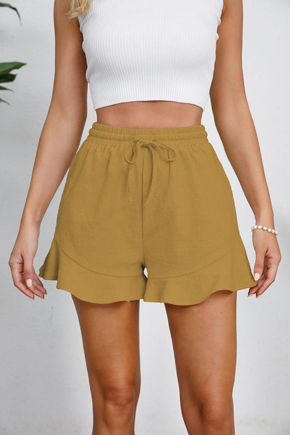 Cotton Drawstring Ruffle Hem Shorts
