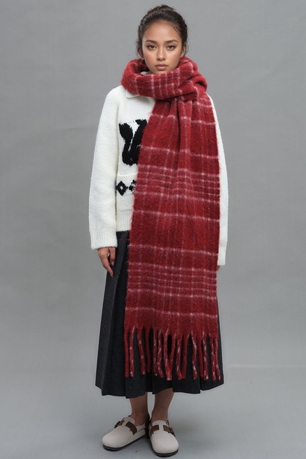Fringe Plaid Thermal Fur Scarf