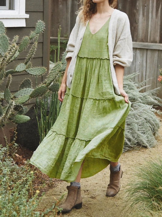 Cotton Tiered Frill V-Neck Sleeveless Dress