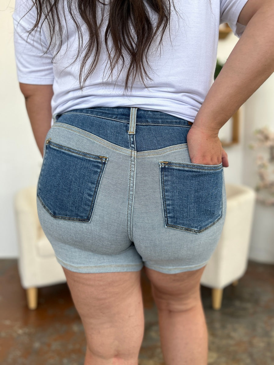 Cotton  Full Size Color Block Denim Shorts