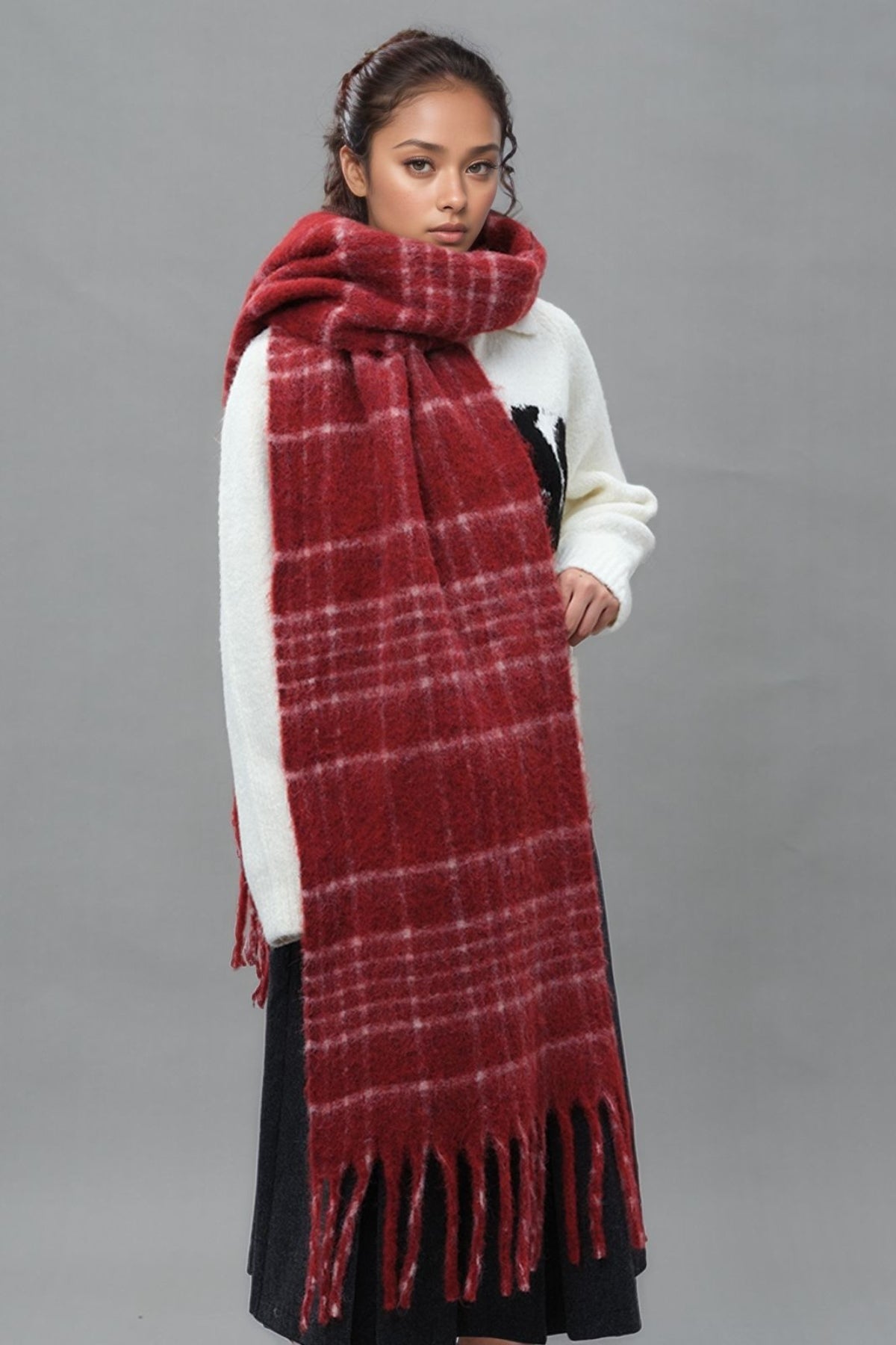 Fringe Plaid Thermal Fur Scarf