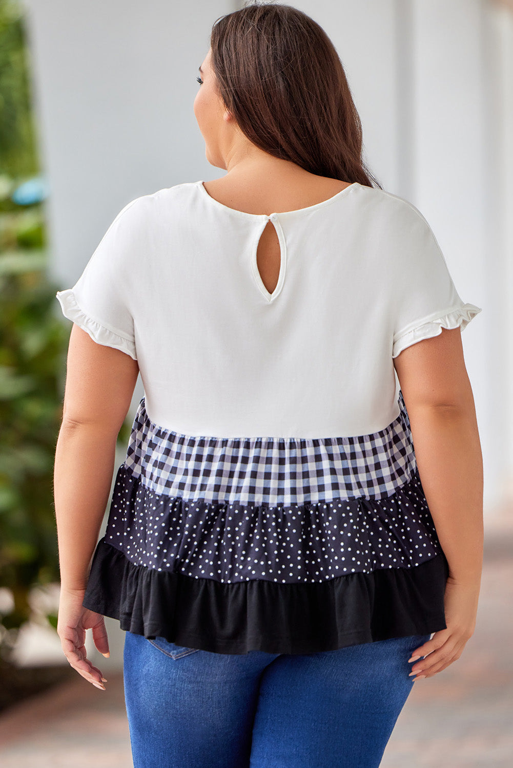 Cotton Plus Size Plaid Color Block Tiered Blouse