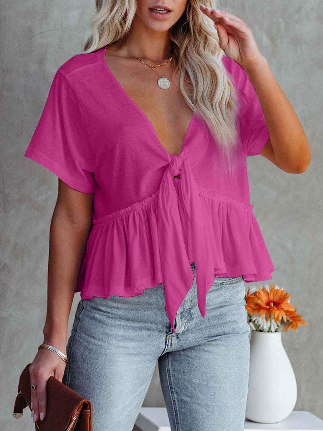 Tied Plunge Short Sleeve Cotton Blouse