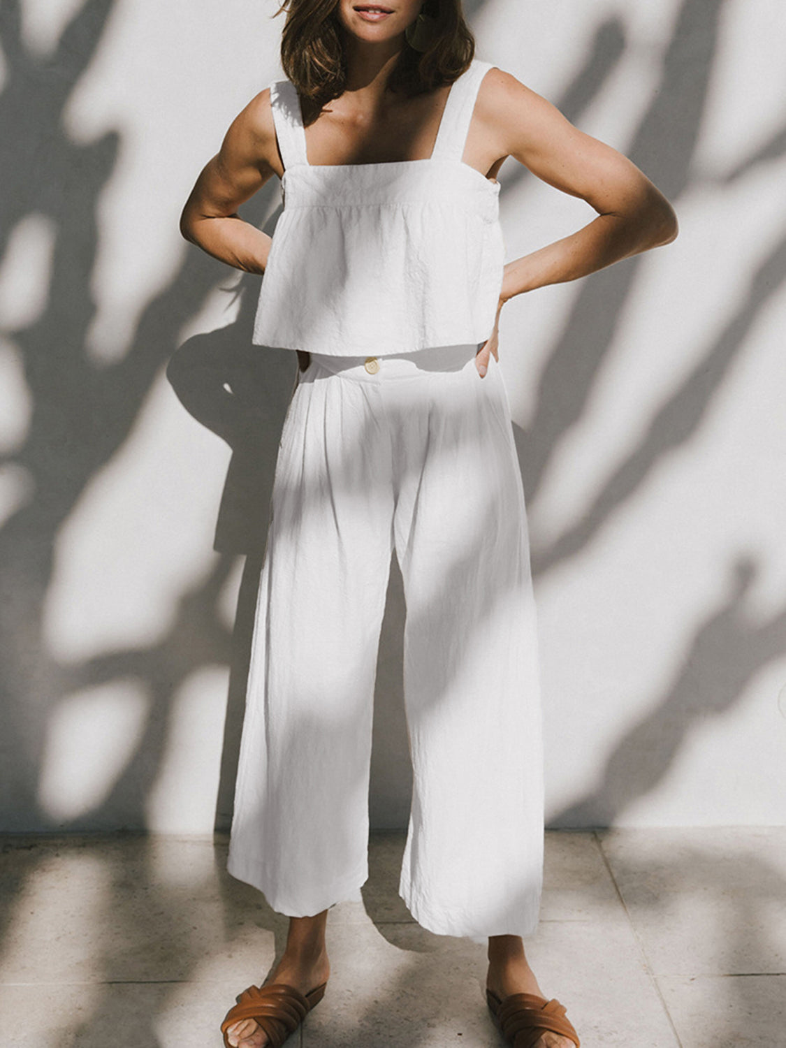 Square Neck Wide Strap Cotton Top and Pants Set