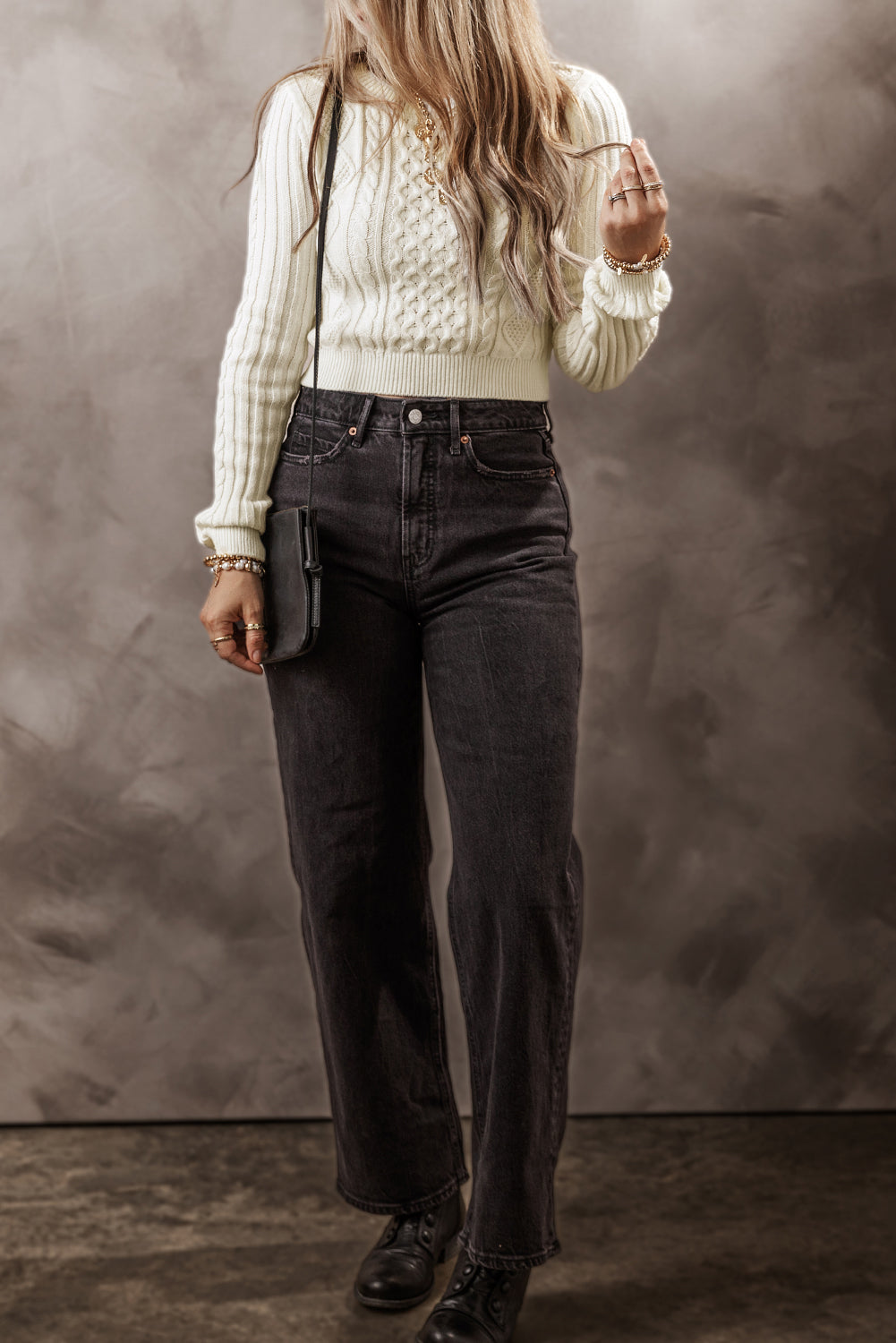 Cotton Cable-Knit Round Neck Long Sleeve Sweater