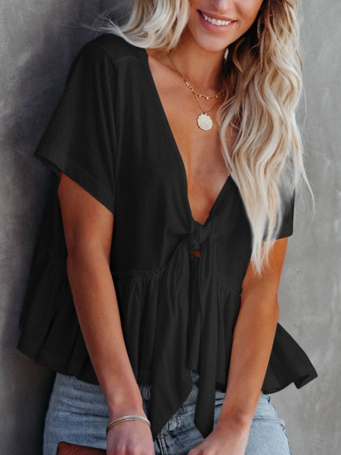 Tied Plunge Short Sleeve Cotton Blouse