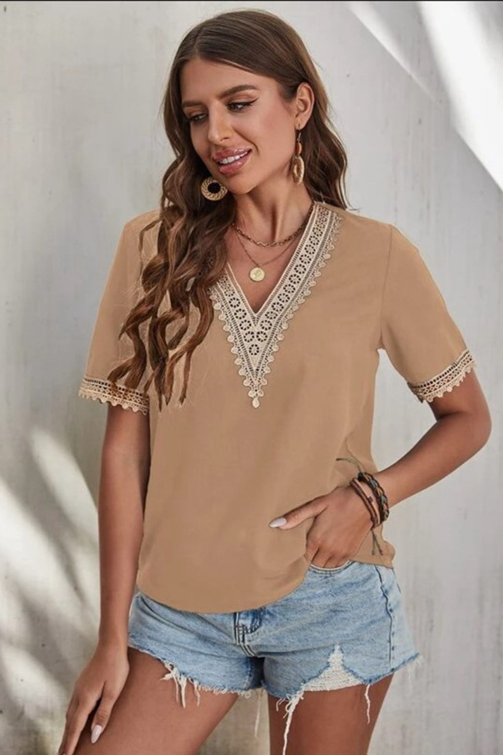 Cotton Lace Detail V-Neck Short Sleeve Blouse