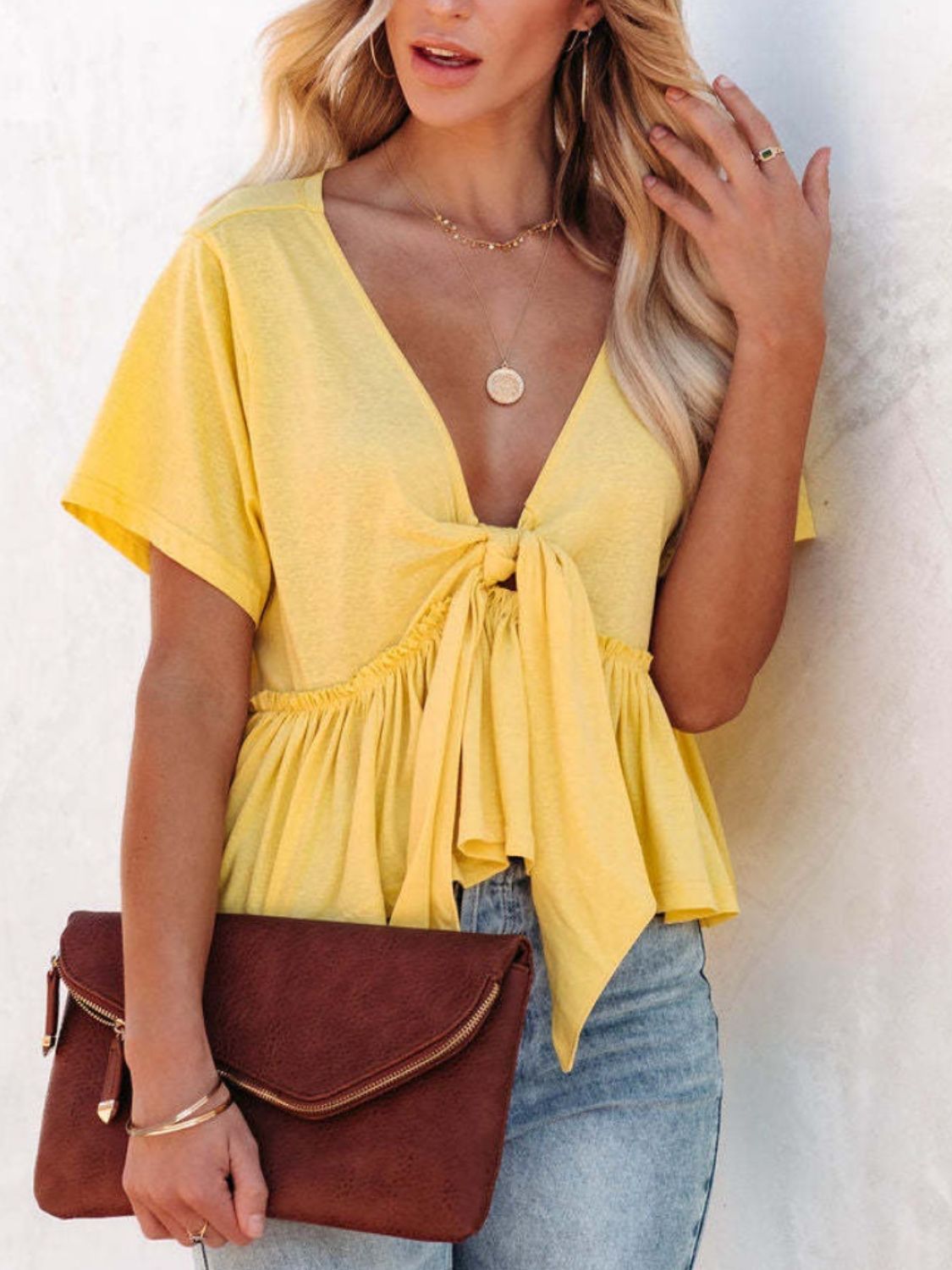 Tied Plunge Short Sleeve Cotton Blouse