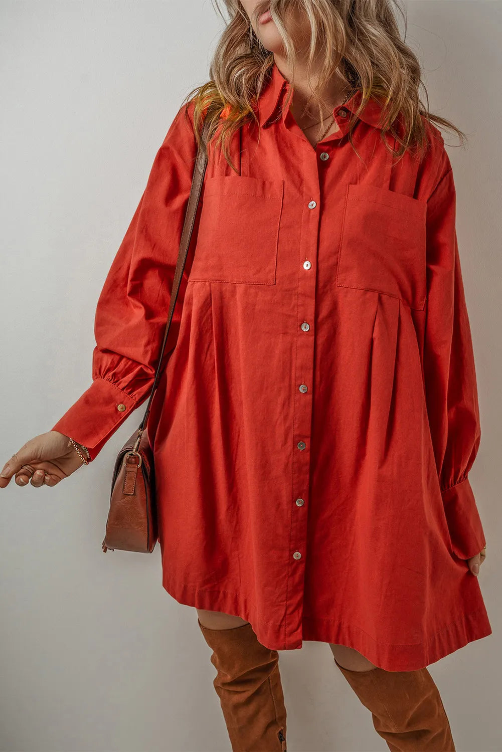Pocketed Button Down Long Sleeve Shirt Cotton Dress