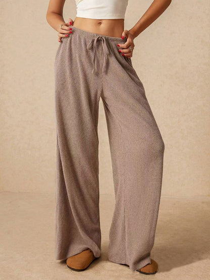 Ribbed Drawstring Wide Leg Cotton Pants