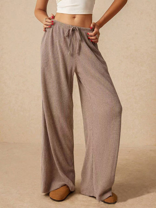 Ribbed Drawstring Wide Leg Cotton Pants