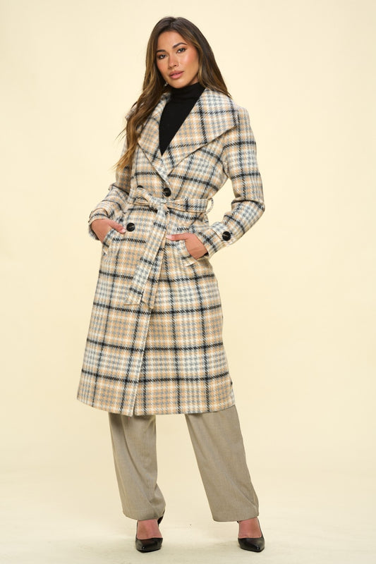 Vegan Wool Double-Breasted Winter Plaid Coat