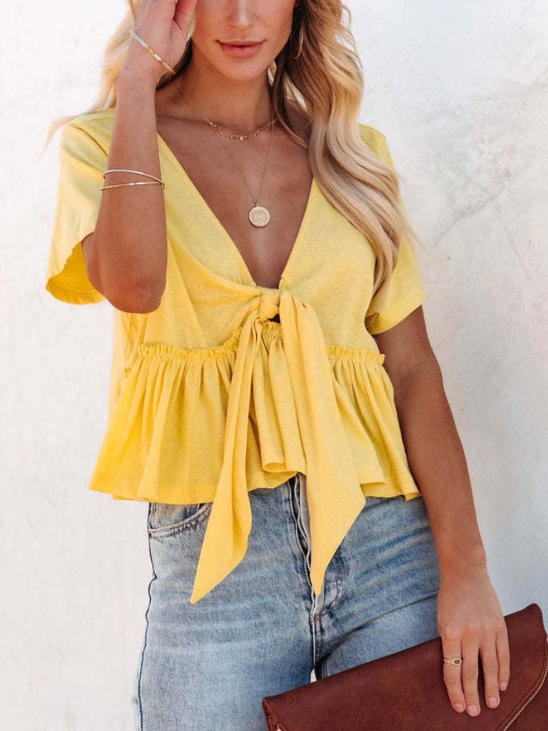 Tied Plunge Short Sleeve Cotton Blouse