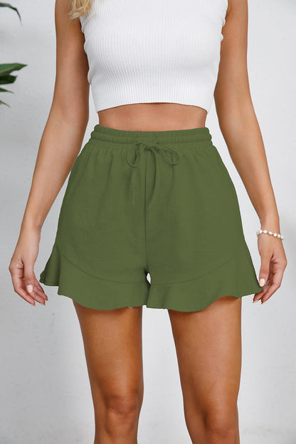 Cotton Drawstring Ruffle Hem Shorts