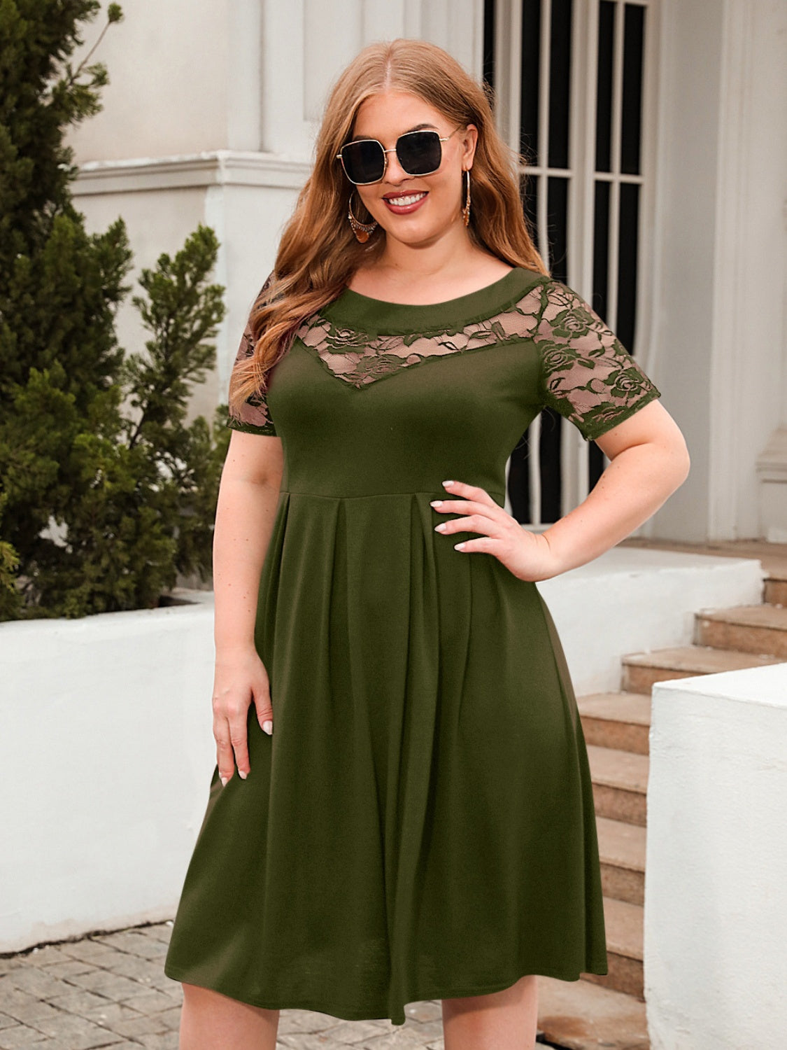 Plus Size Ruched Round Neck Short Sleeve Cotton Dress
