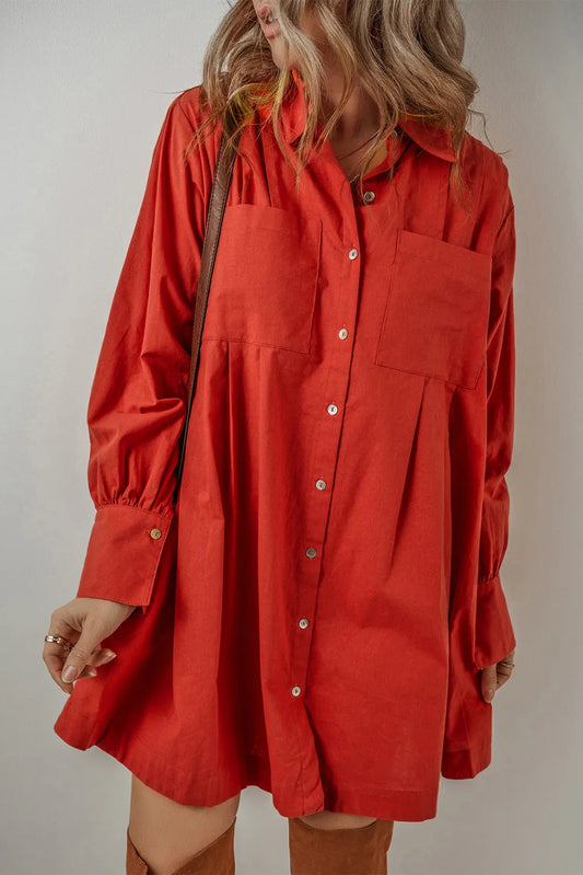 Pocketed Button Down Long Sleeve Shirt Cotton Dress