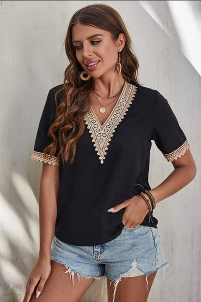 Cotton Lace Detail V-Neck Short Sleeve Blouse