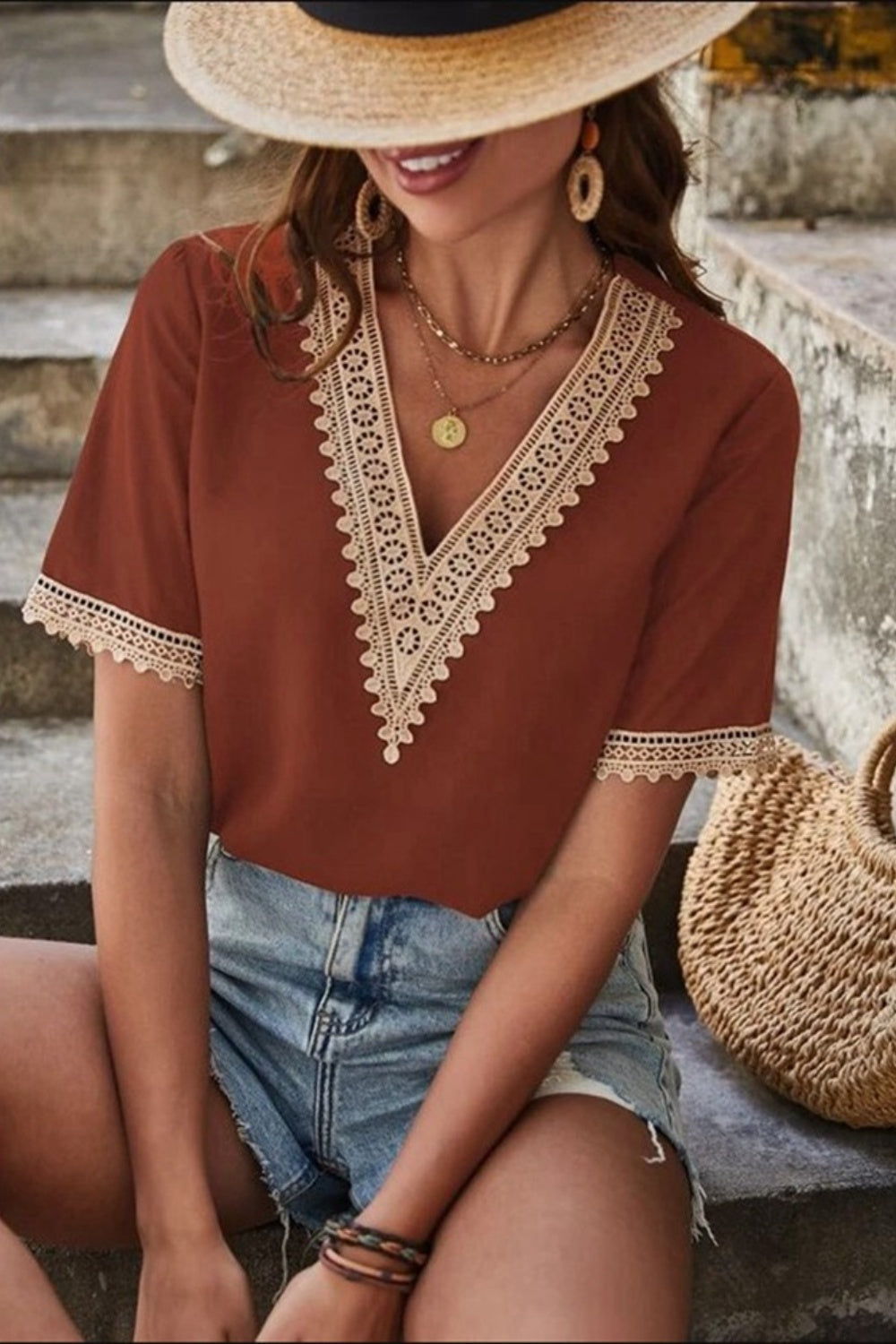Cotton Lace Detail V-Neck Short Sleeve Blouse
