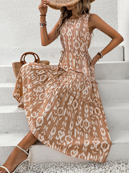 Cotton Cutout Printed Round Neck Sleeveless Dress