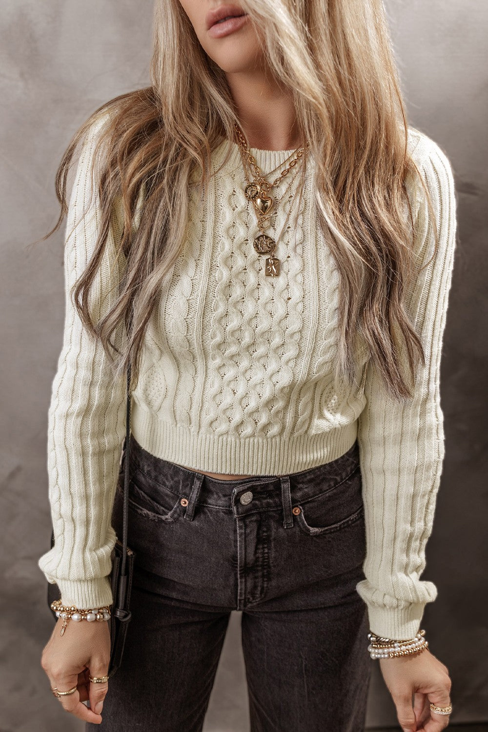 Cotton Cable-Knit Round Neck Long Sleeve Sweater