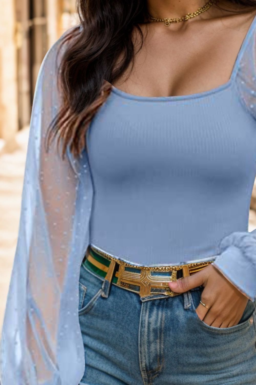 Cotton Square Neck Lantern Sleeve Blouse
