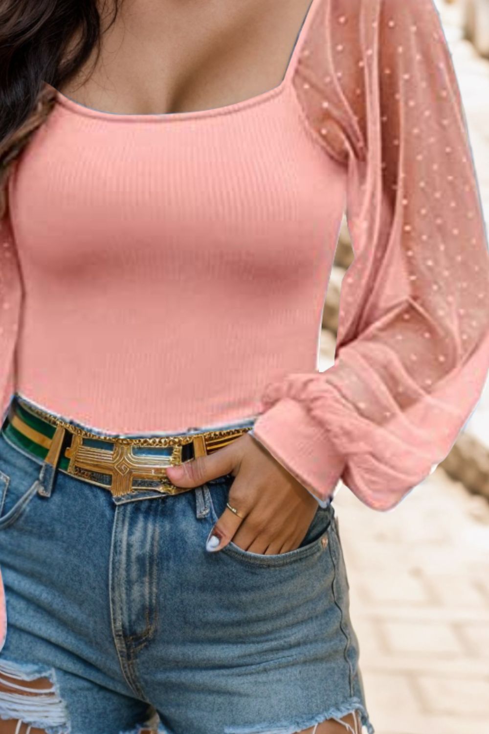 Cotton Square Neck Lantern Sleeve Blouse
