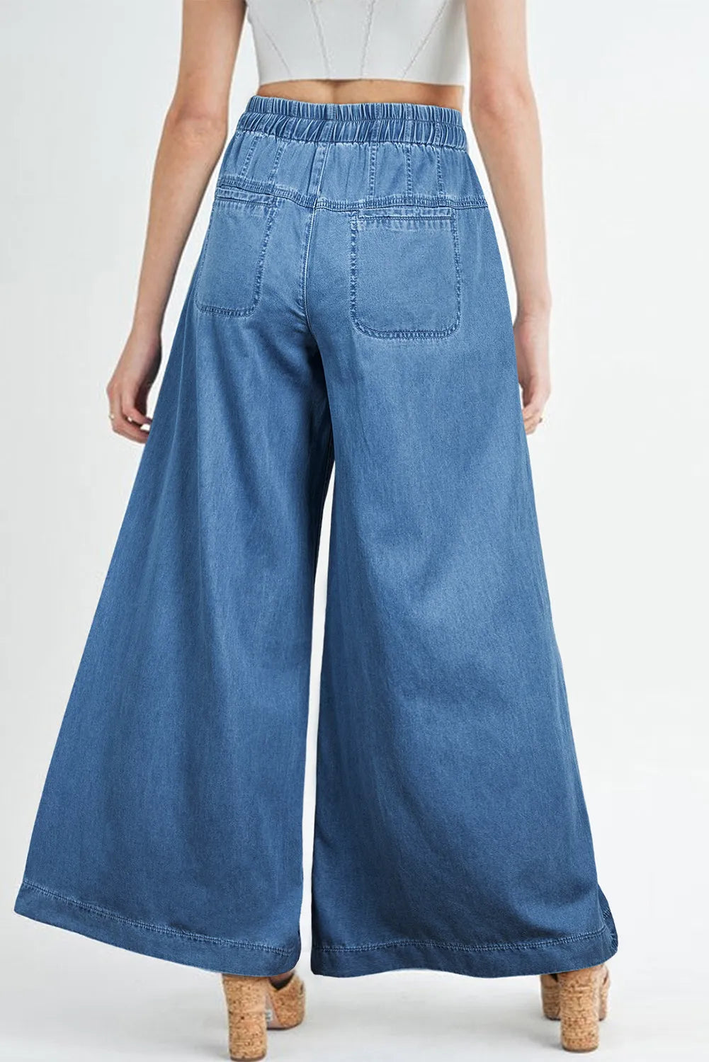 Cotton Elastic Waist Wide Leg Jeans