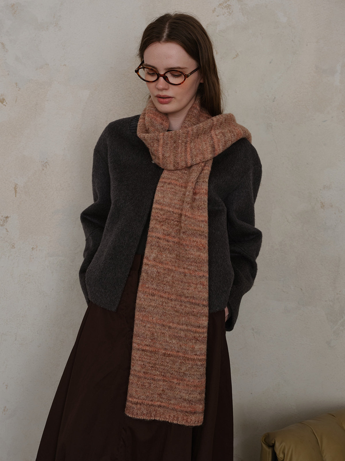 Striped Detail Knit Fur Scarf