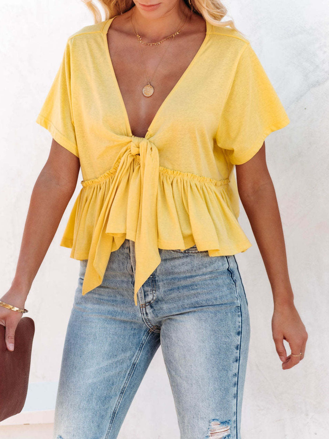 Tied Plunge Short Sleeve Cotton Blouse