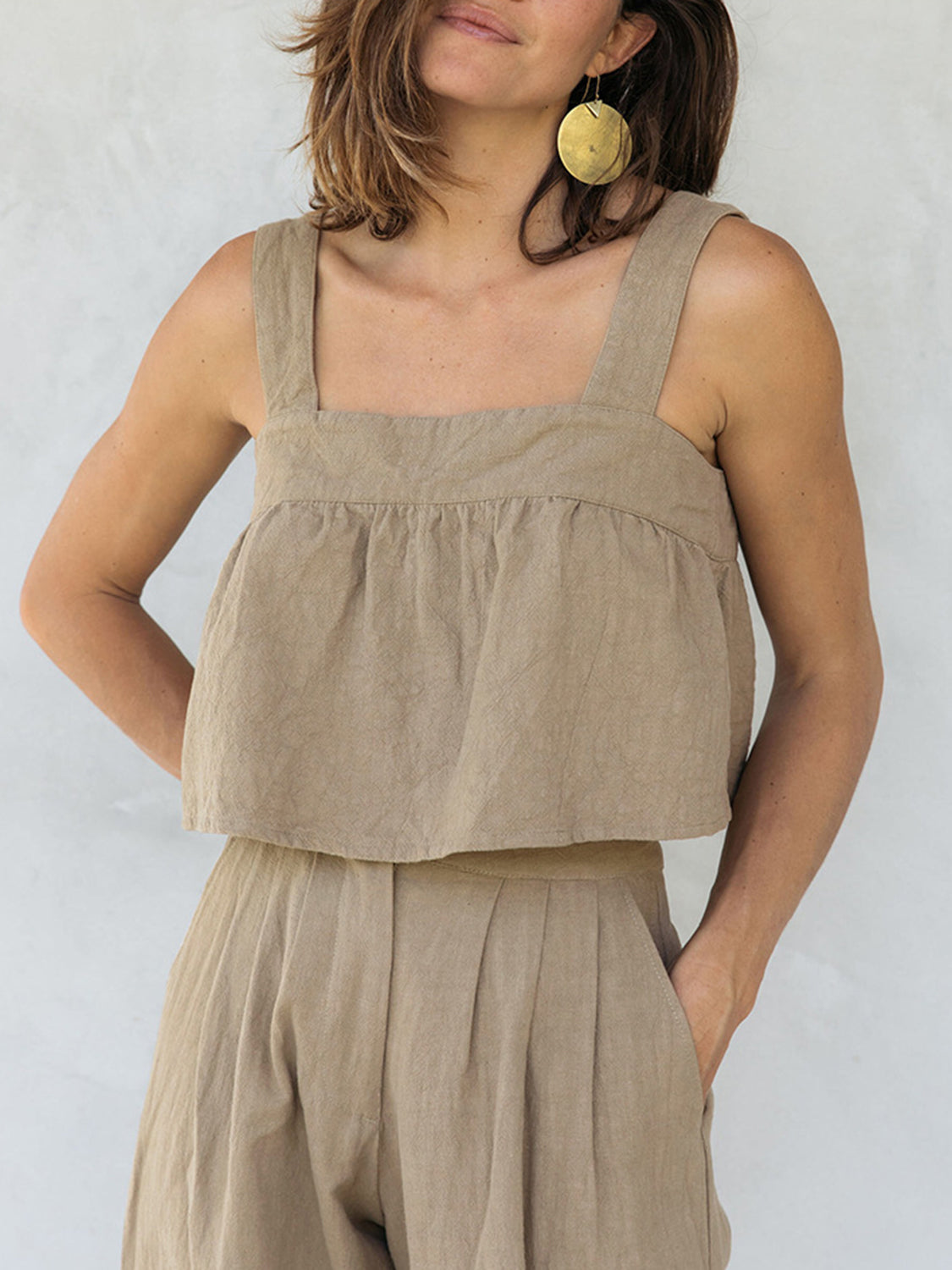 Square Neck Wide Strap Cotton Top and Pants Set