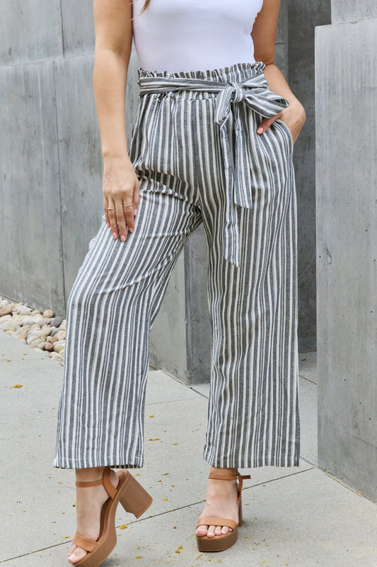Linen Full Size Waist Striped Culotte Pants