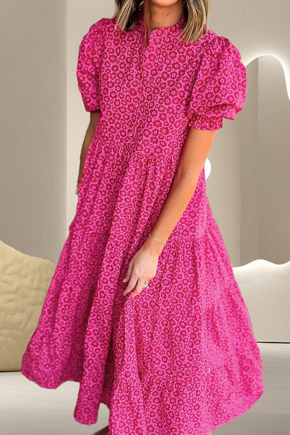 Cotton Printed Notched Puff Sleeve Midi Dress