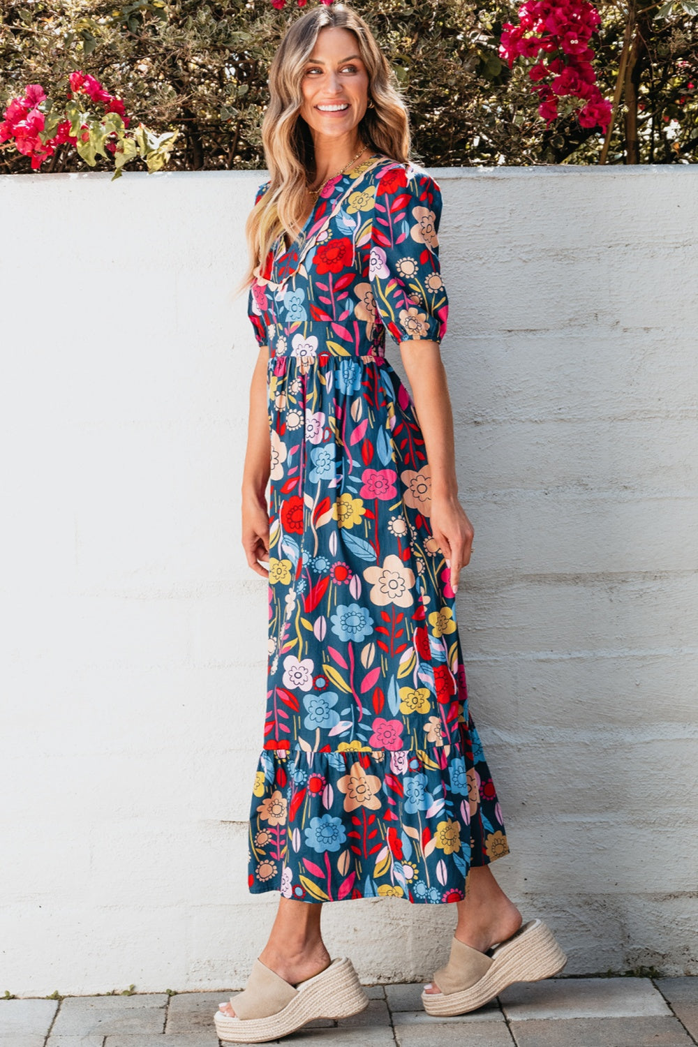 Cotton Floral Printed Notched Puff Sleeve Midi Dress