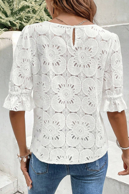 Round Neck Flounce Sleeve Cotton Blouse