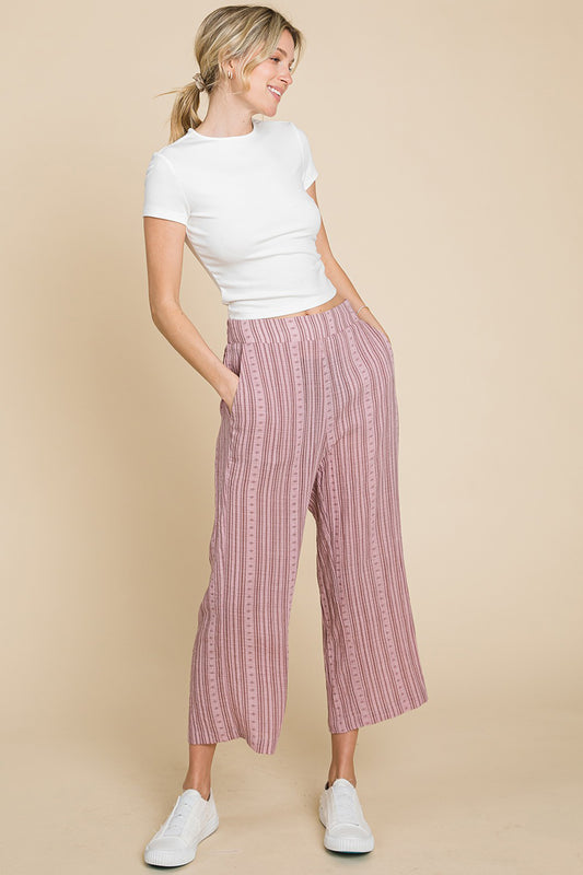 Cotton Striped Elastic Waist Wide Leg Pants