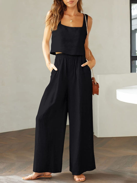 Square Neck Cotton Top and Wide Leg Pants Set