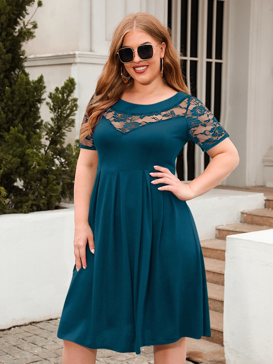 Plus Size Ruched Round Neck Short Sleeve Cotton Dress