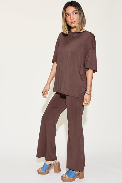 Basic Bamboo Drop Shoulder T-Shirt and Flare Pants Set