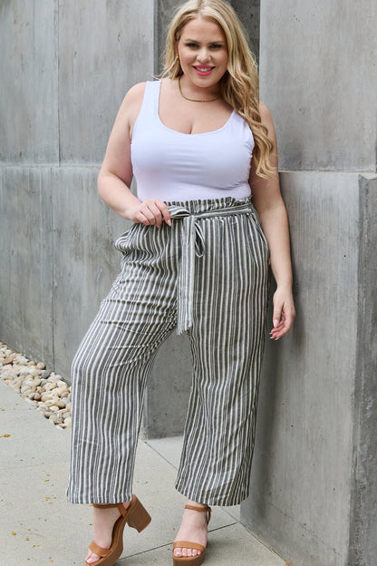 Linen Full Size Waist Striped Culotte Pants