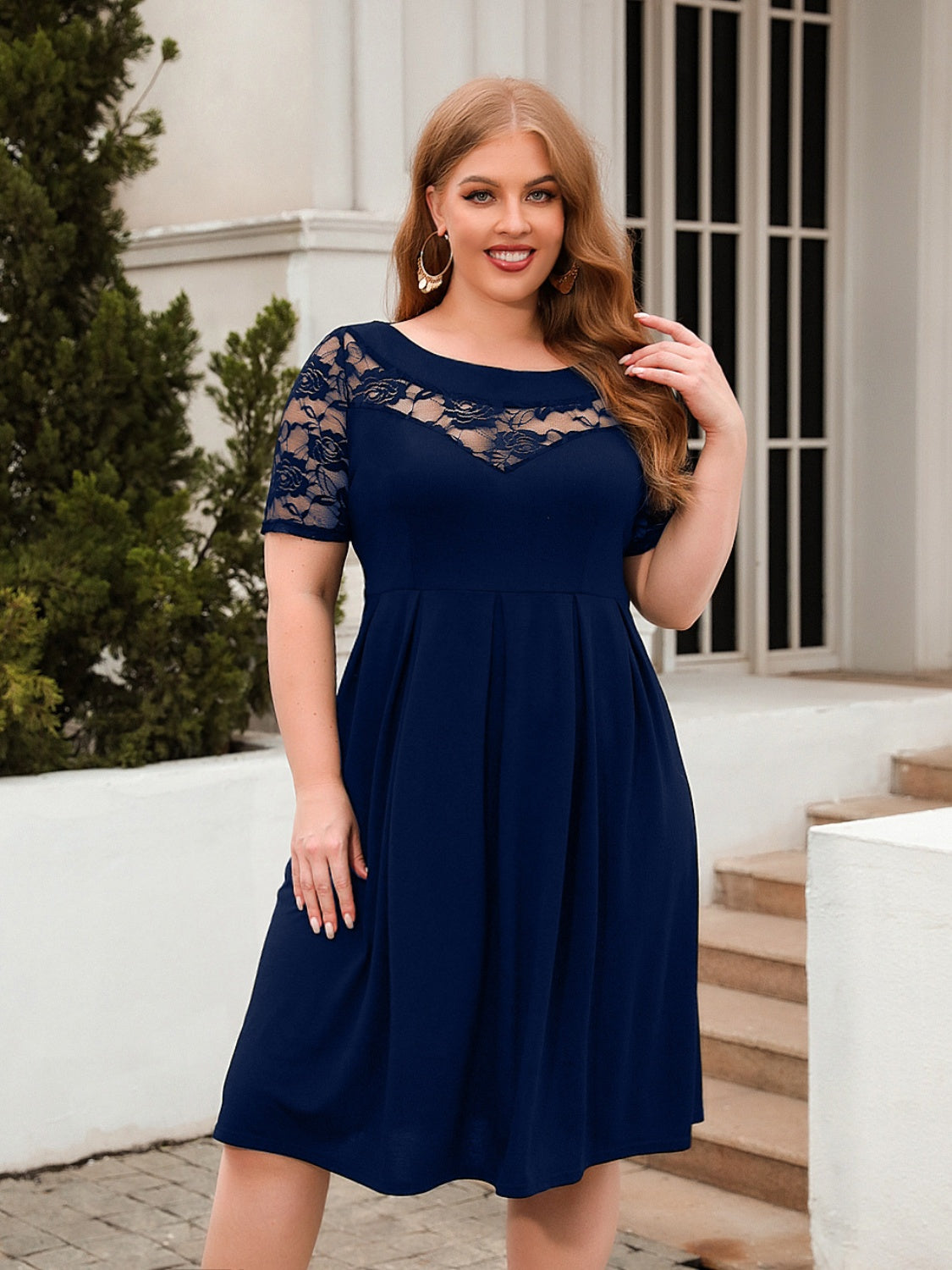 Plus Size Ruched Round Neck Short Sleeve Cotton Dress