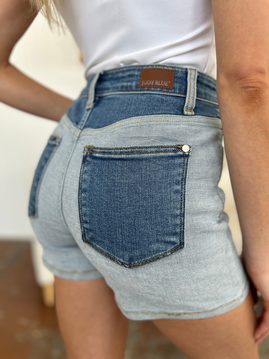 Cotton  Full Size Color Block Denim Shorts