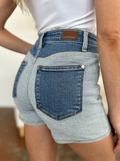 Cotton  Full Size Color Block Denim Shorts