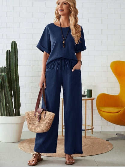 Cotton Half Sleeve Top and Pocketed Pants Set
