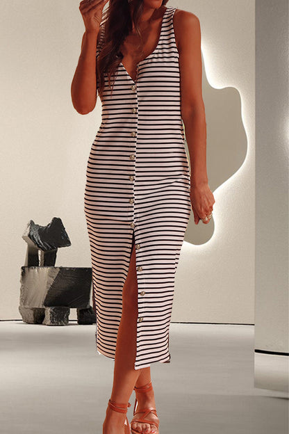 Striped Wide Strap Midi Cotton Dress