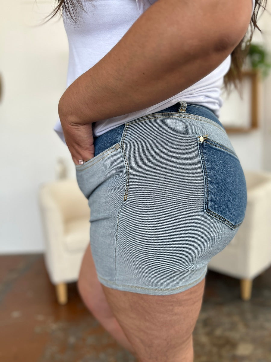 Cotton  Full Size Color Block Denim Shorts