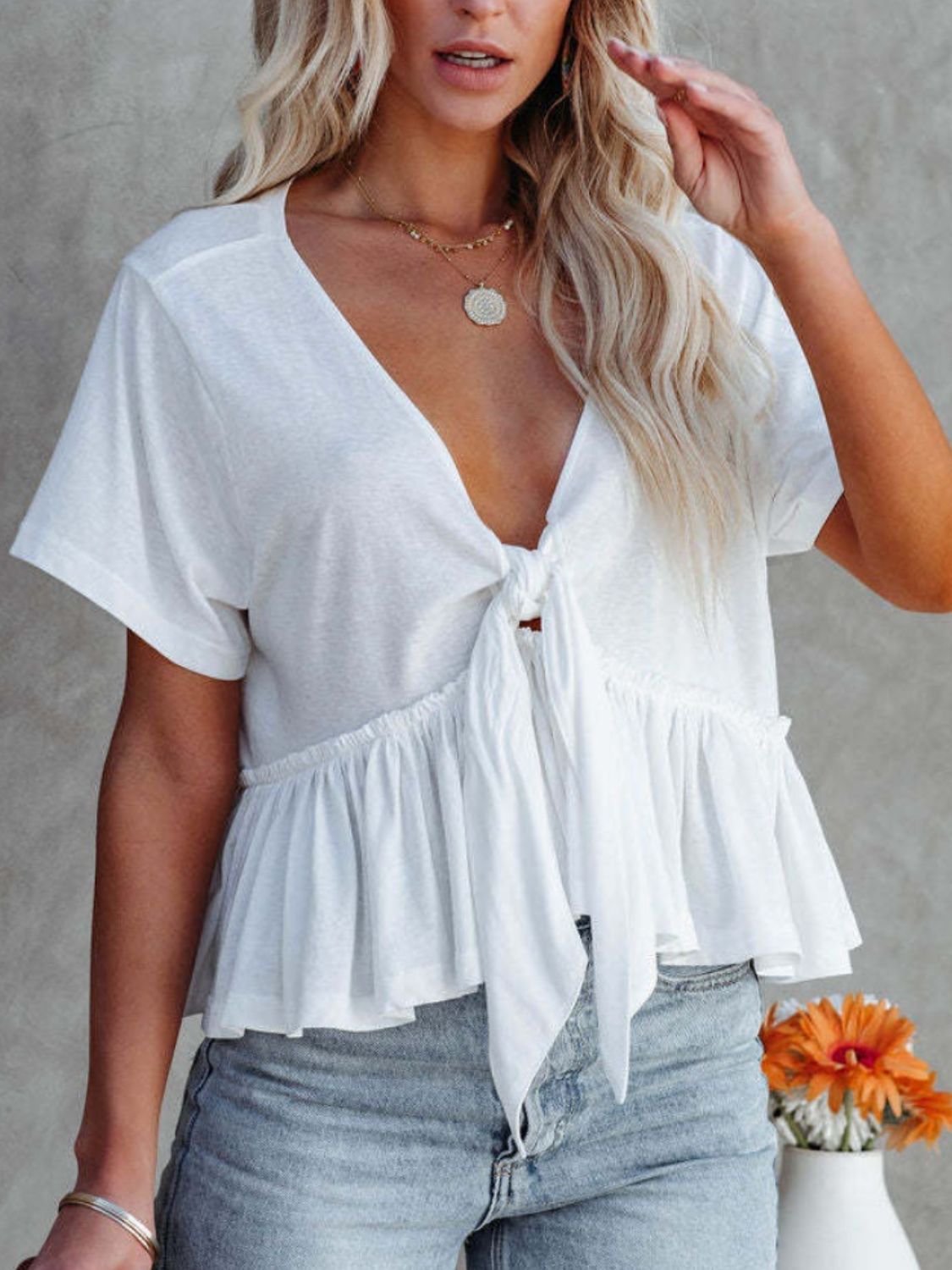 Tied Plunge Short Sleeve Cotton Blouse