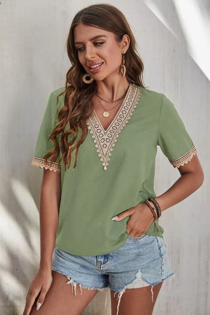 Cotton Lace Detail V-Neck Short Sleeve Blouse